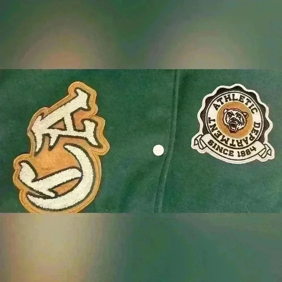 Garage | Varsity Jacket, Size M/L, Green with ivory white faux leather sleeves - Picture 7 of 10